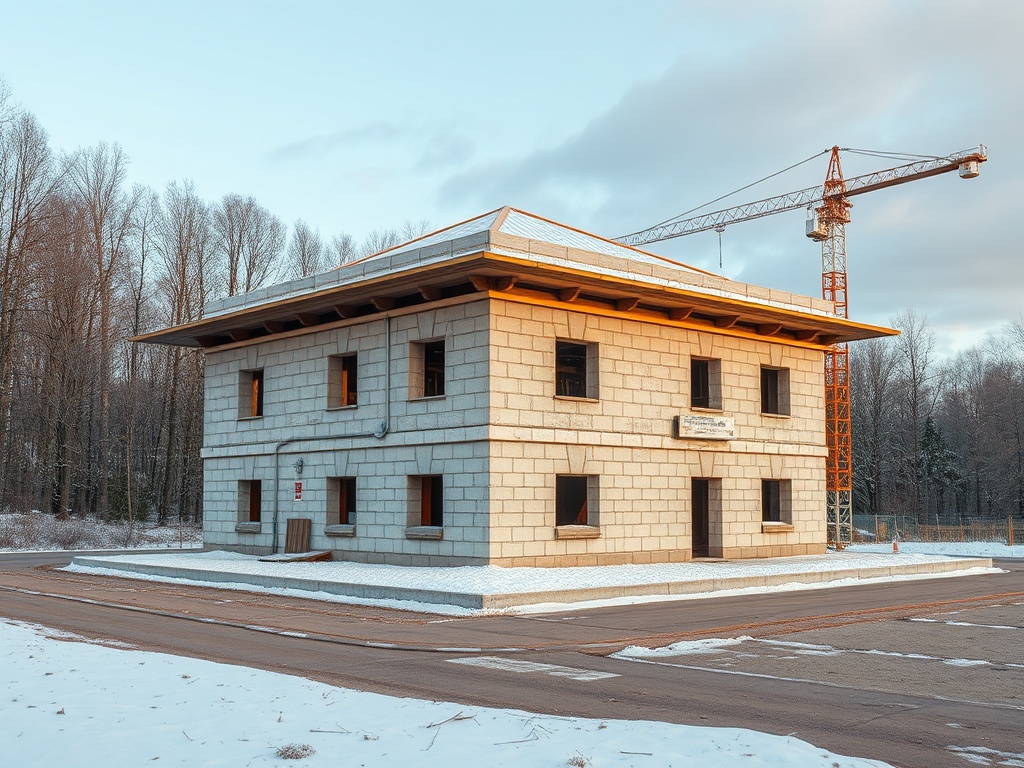 Здание с бетонным фасадом и деревянной крышей, рядом строительный кран и лесистая местность. Снежно.