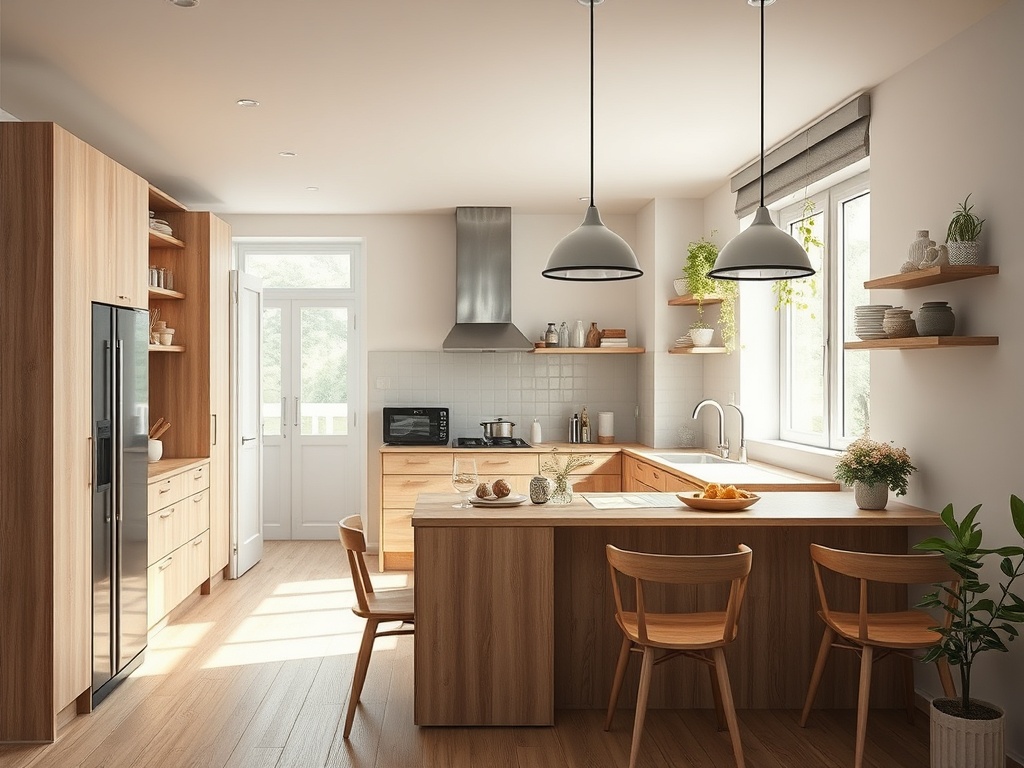 Светлая кухня с деревянной мебелью, островом и двумя стульями, окна выходят на зеленый пейзаж.