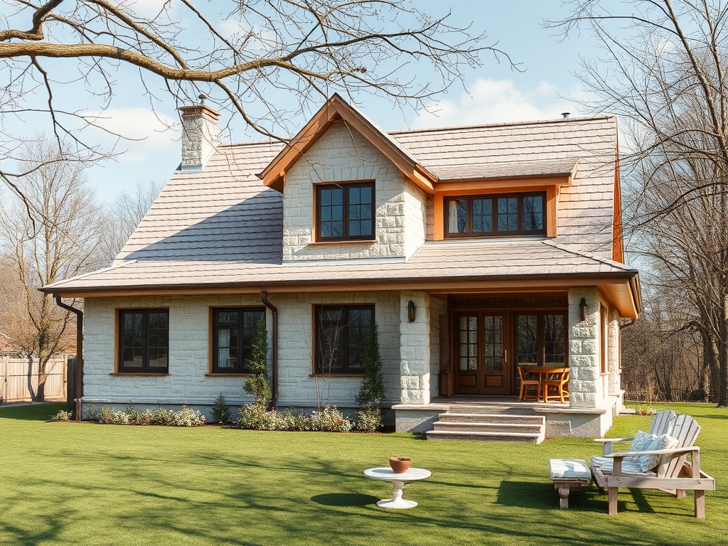 Современный дом с каменной отделкой и деревянными элементами, окружённый зелёным газоном и деревьями.