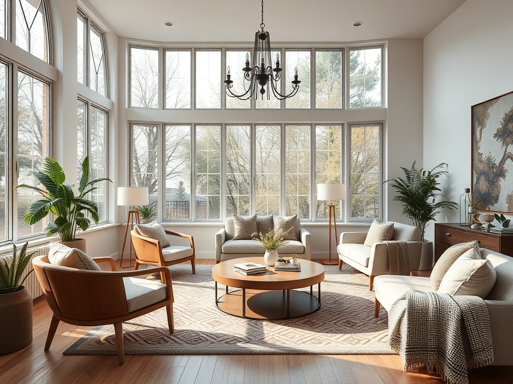 Современная гостиная с большими окнами, удобной мебелью и зелеными растениями, наполненная светом и уютом.