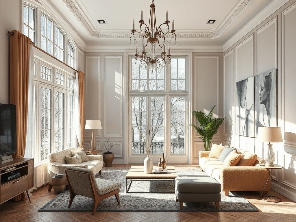 Светлая гостиная с большим окном, уютной мебелью и современными картинами на стенах.