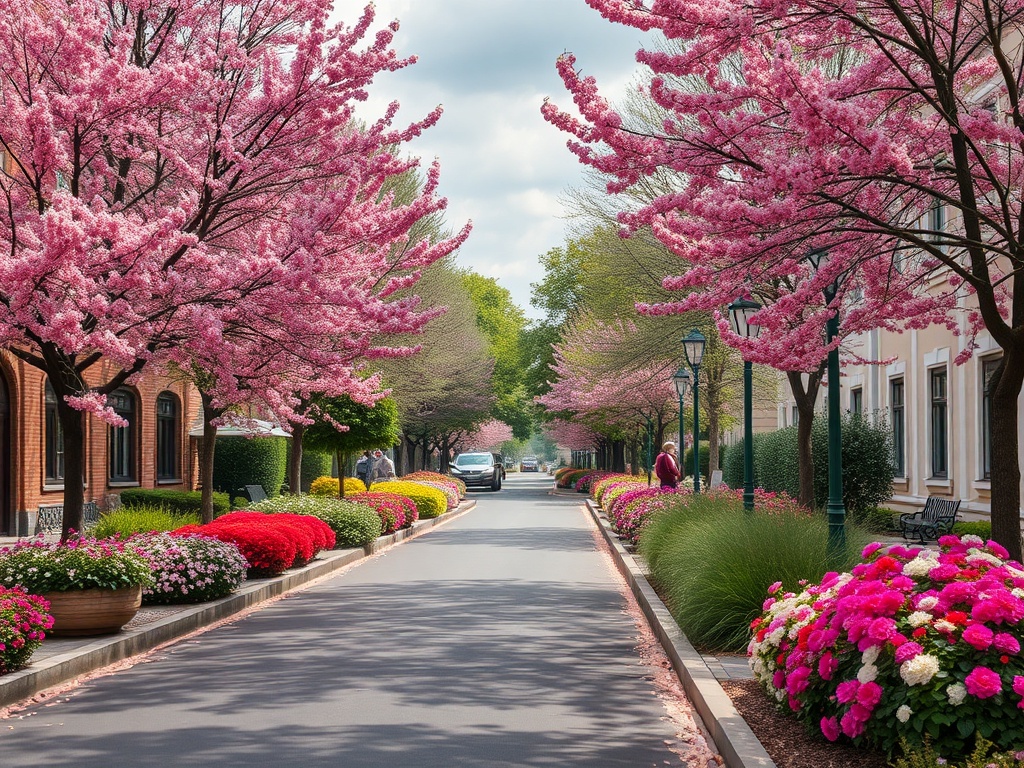 Улица, обсаженная цветущими деревьями и яркими цветами, создаёт атмосферу весеннего великолепия.