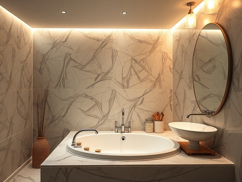 Современная ванная комната с круглой ванной, раковиной и стилизованными светильниками. Элегантный дизайн.