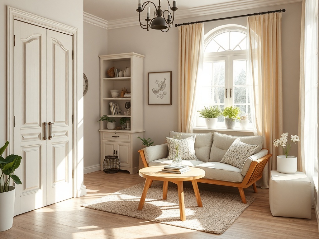 Уютная гостиная с диваном, журнальным столиком, полками и растениями у окна, освещенная солнечным светом.