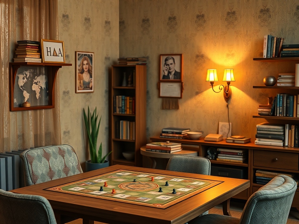 Уютная комната с настольной игрой, полками с книгами и фотографиями на стенах. Мягкая мебель и светильники.