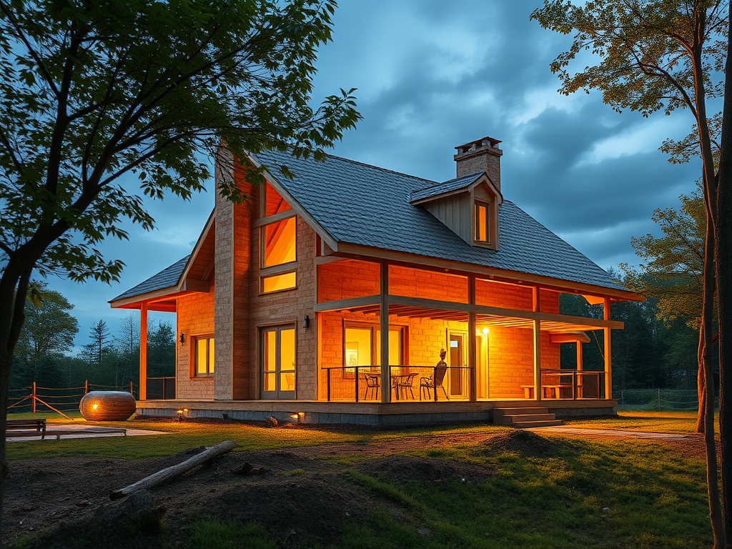 Деревянный дом с уютным освещением на фоне вечернего неба, окруженный зелеными деревьями.