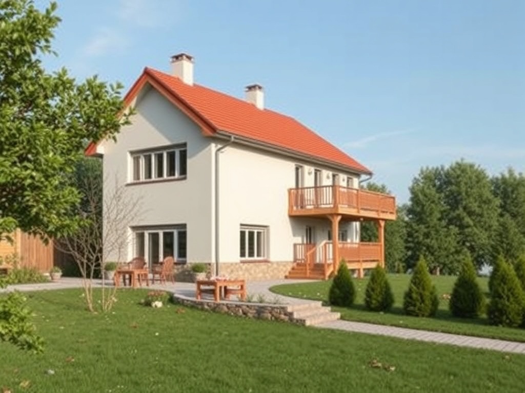 Современный дом с красной крышей, балконом и ухоженным двором на фоне зелёных деревьев.