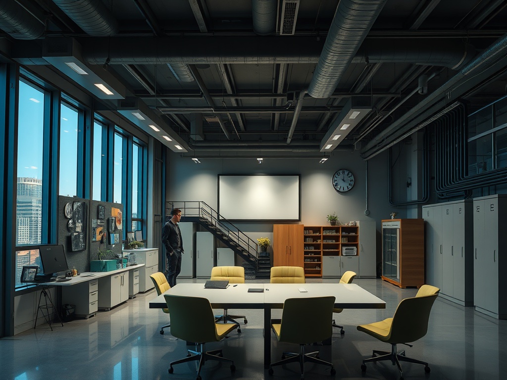 Современный офис с большими окнами, столом, стульями и зонами для работы. Мужчина стоит у лестницы.