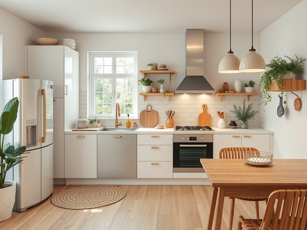 Современная кухня с деревянной мебелью, полками, растениями и светлыми цветами. Уютная и просторная атмосфера.