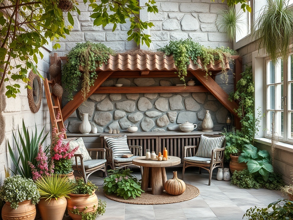 Уютный уголок с каменной стеной, растениями и стильной мебелью для отдыха и наслаждения атмосферой.