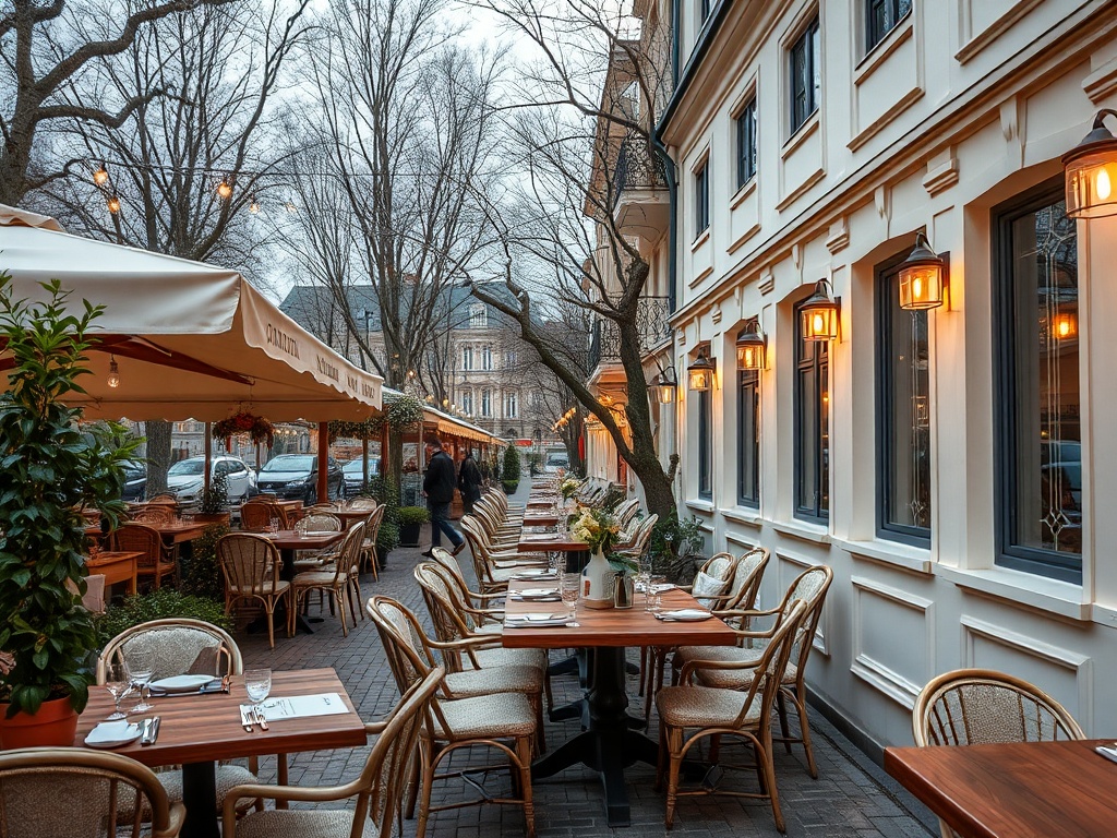 Уютное уличное кафе с столами, деревьями и приглушенным освещением на фоне зданий.