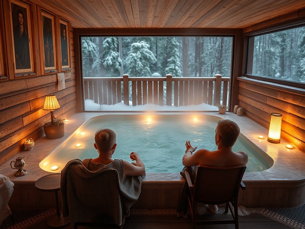 Два человека отдыхают в джакузи в деревянной ванной, за окном снег и сосны, создавая атмосферу уюта.