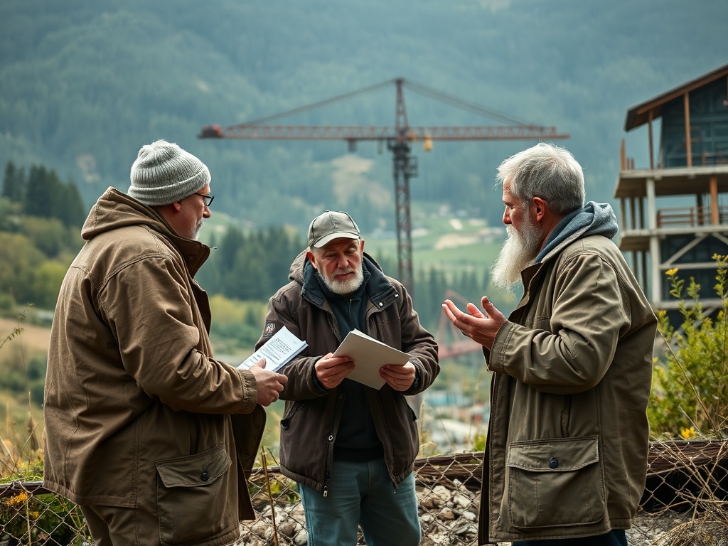 Трое мужчин обсуждают планы на фоне строительного крана в горной местности.