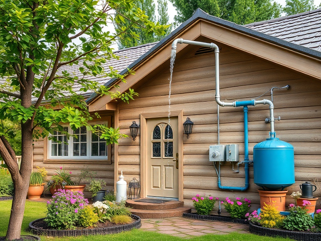 Дом с деревянным фасадом, цветочными клумбами и системой водоснабжения. Стеклянная дверь и фонари.