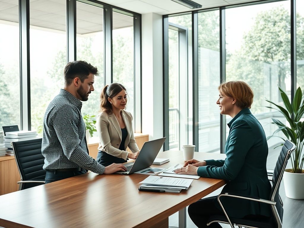 Трое людей общаются в офисе, сидя за столом с ноутбуком и документами. Солнечный свет освещает помещение.