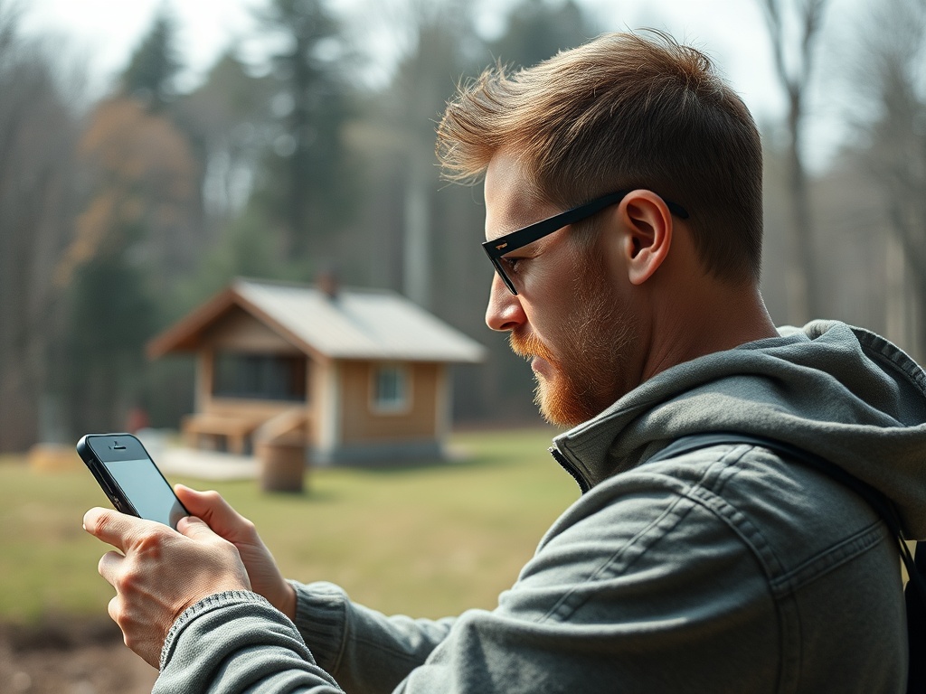 Мужчина на природе смотрит в свой телефон, на фоне деревянного домика и окружающего леса.