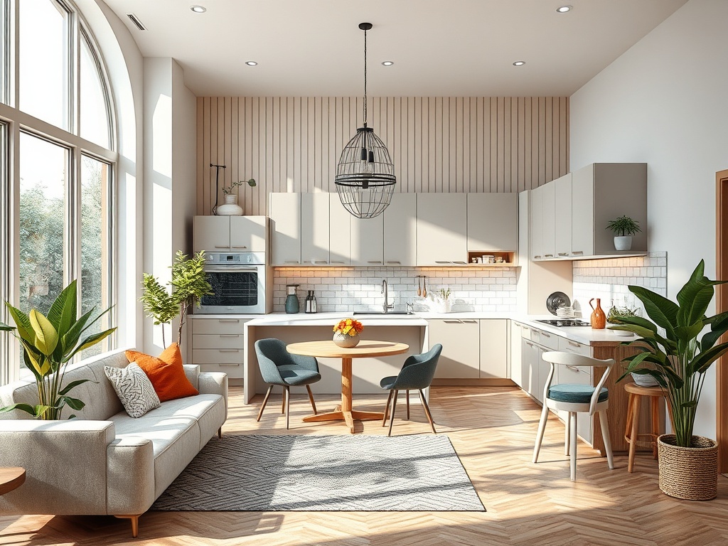 Светлая кухня-студия с современным дизайном, зелеными растениями и уютной зоной для отдыха.
