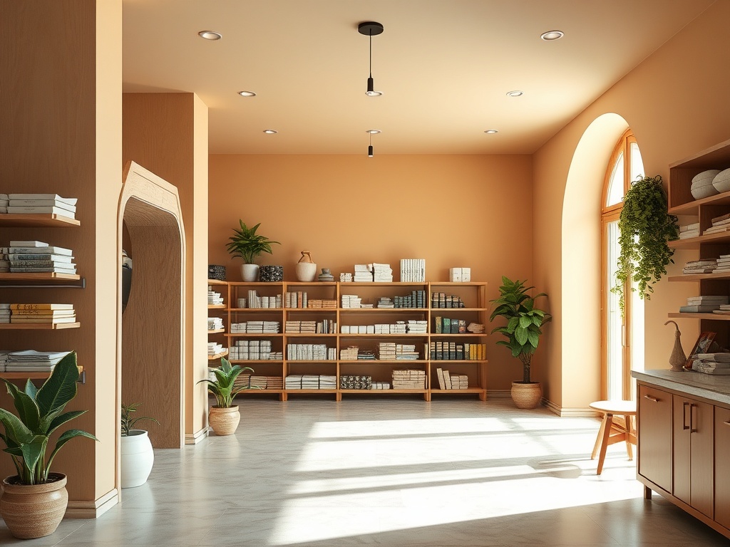 Светлое помещение с книжными полками, растениями и уютной мебелью, оформлено в теплых оранжевых тонах.