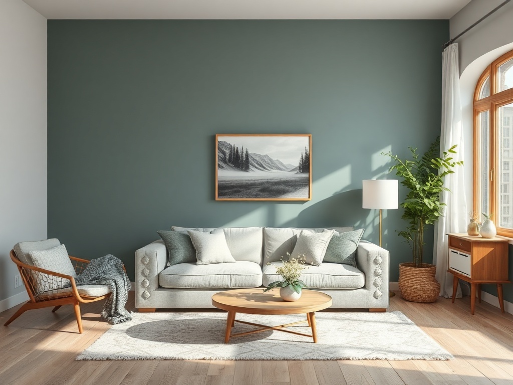 Светлая гостиная с зелеными стенами, мягким диваном, интерьером и комнатными растениями.