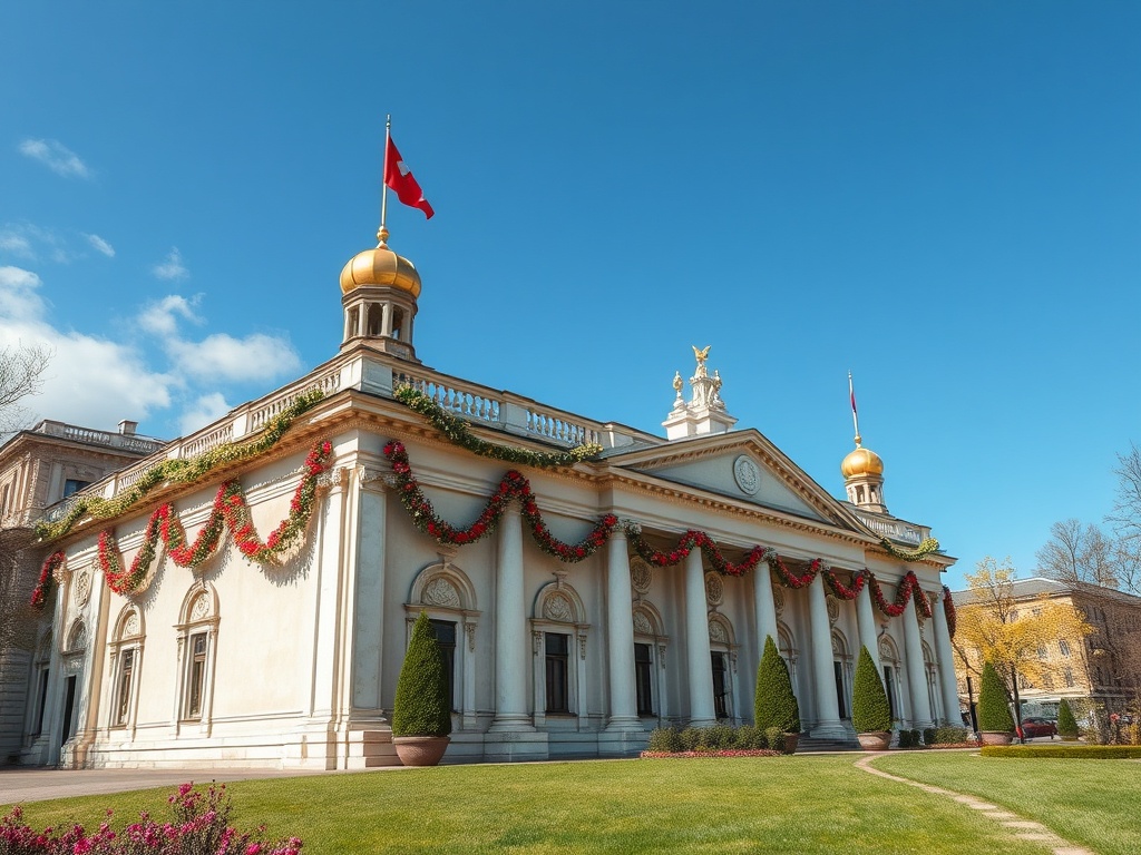 Здание с золотыми куполами, украшенное гирляндами. Яркое небо на фоне зелёного сада.