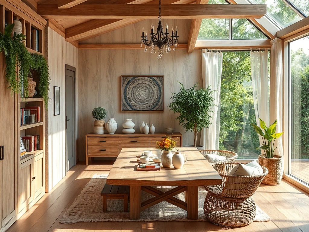 Светлая комната с деревянным столом, растениями и уютными креслами у больших окон. Красивая атмосфера.