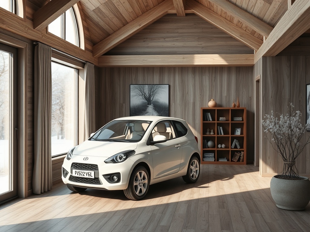 В уютном деревянном интерьере стоит белый компактный автомобиль. На фоне - полки с книгами и картины.