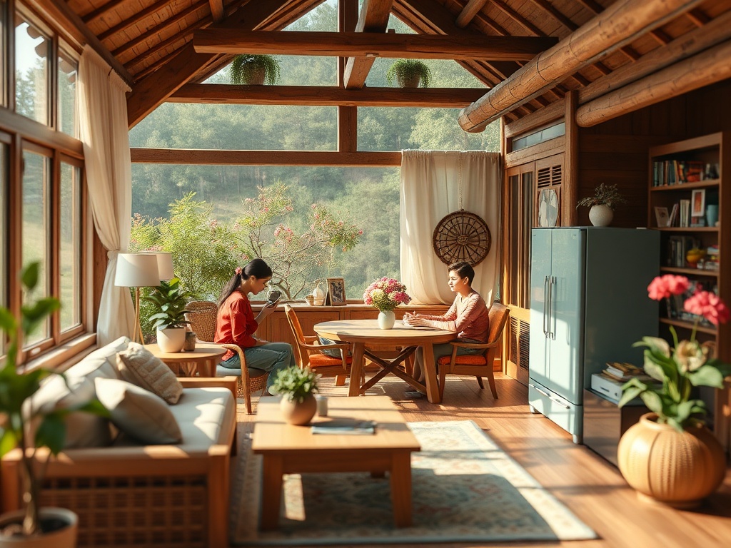 Две девушки сидят за столом в уютной комнате с большими окнами и растениями, наслаждаясь спокойным моментом.
