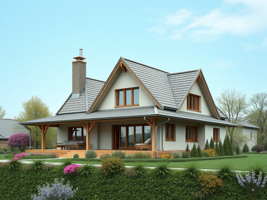Современный загородный дом с террасой, цветами и ухоженным газоном на фоне голубого неба.