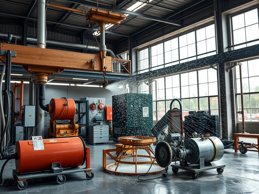 На изображении показано оборудование в производственном пространстве, включая насос и систему распыления.