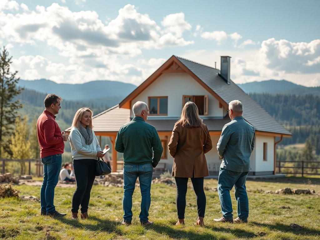 Группа людей смотрит на дом на фоне живописного природного пейзажа с горами и облаками.