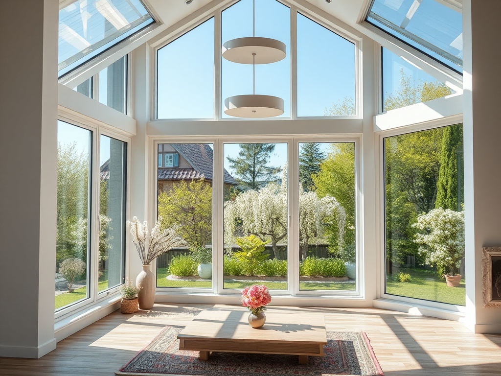 Светлая гостиная с большими окнами и видом на зелёный сад, светлые стены и уютная мебель.