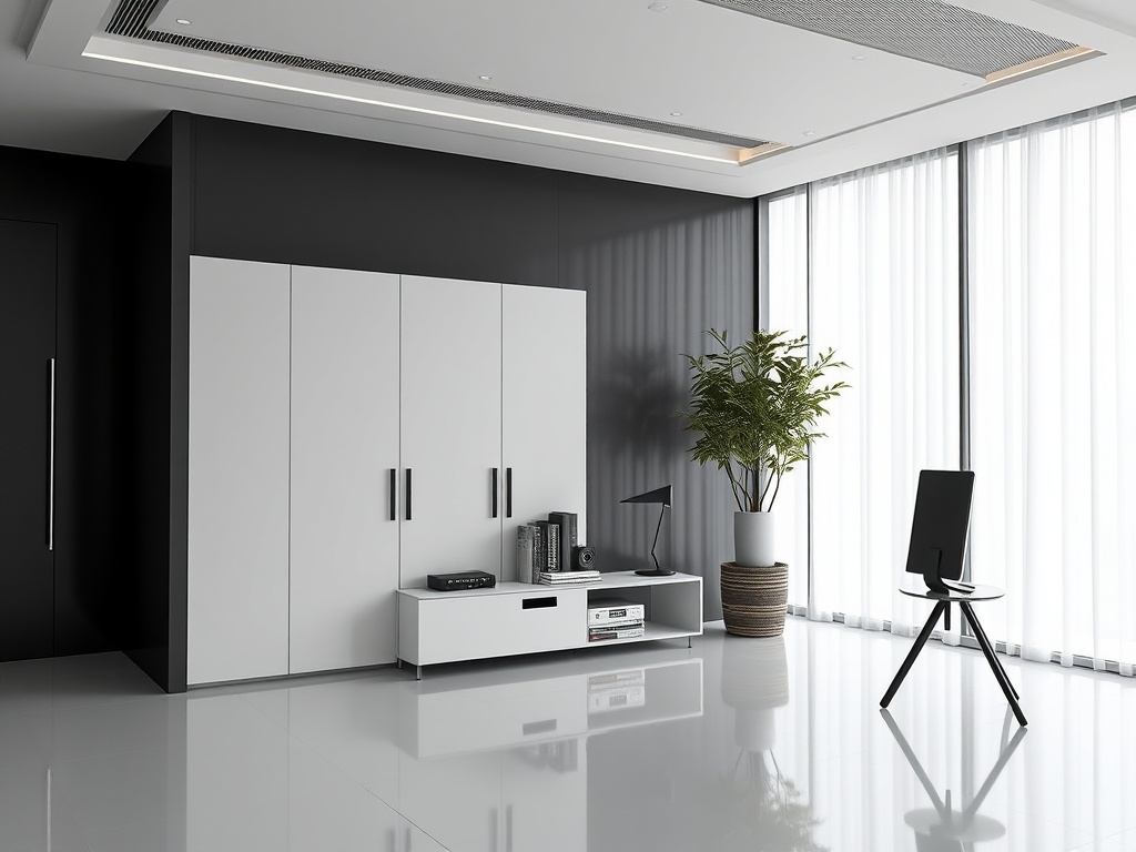 Современный интерьер с черной и белой мебелью, растением и креслом у окна с занавесками.