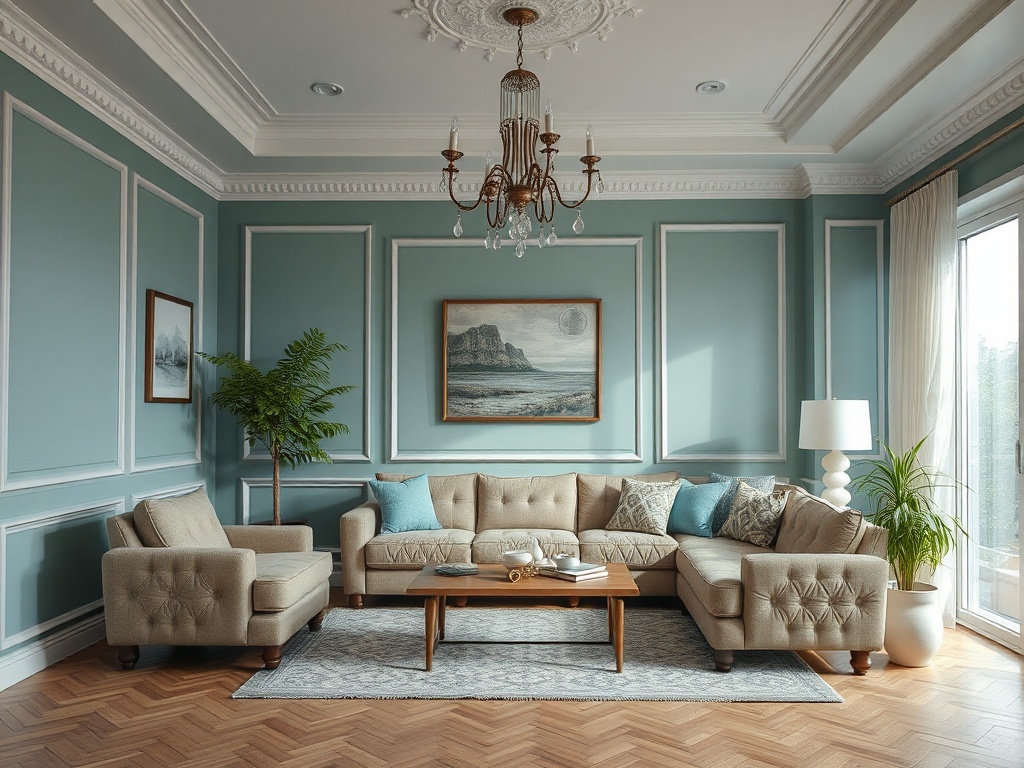 Современный светлый интерьер гостиной с уютной мебелью и картиной на стене. Зеленое растение добавляет свежести.