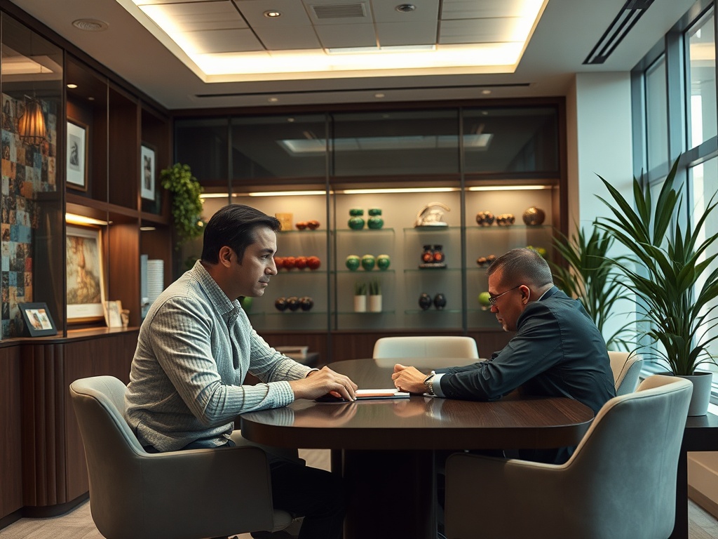 Два человека обсуждают что-то за круглым столом в современном офисе с растениями на фоне.