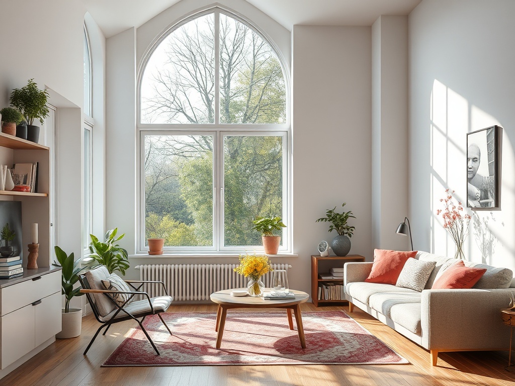 Светлая гостиная с большими окнами, растениями и уютной мебелью, оформленная в современном стиле.