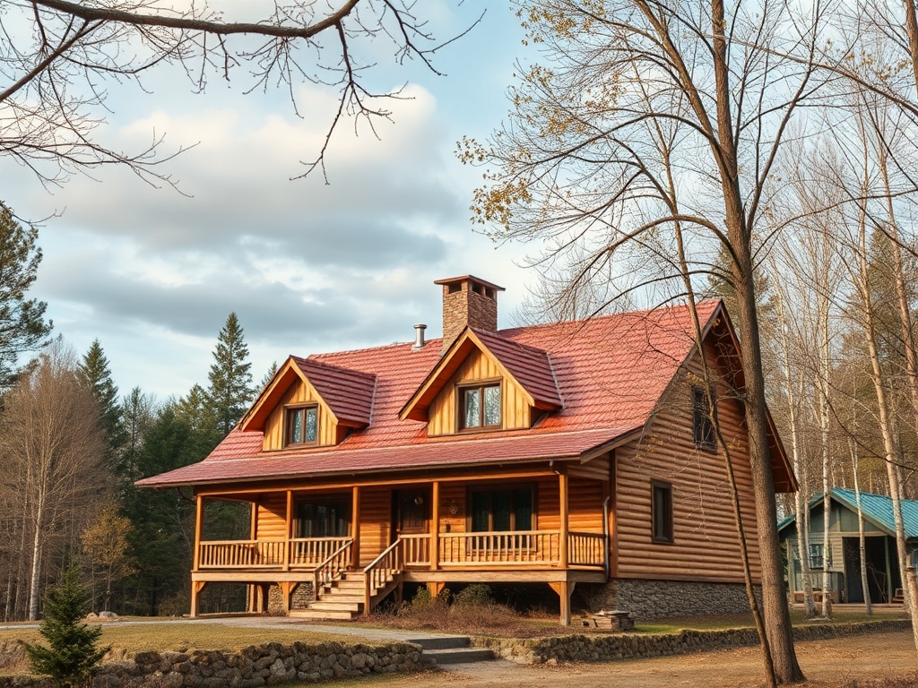 Деревянный дом с красной крышей, окружённый лесом, в солнечный день. На фоне ясное небо и голые деревья.