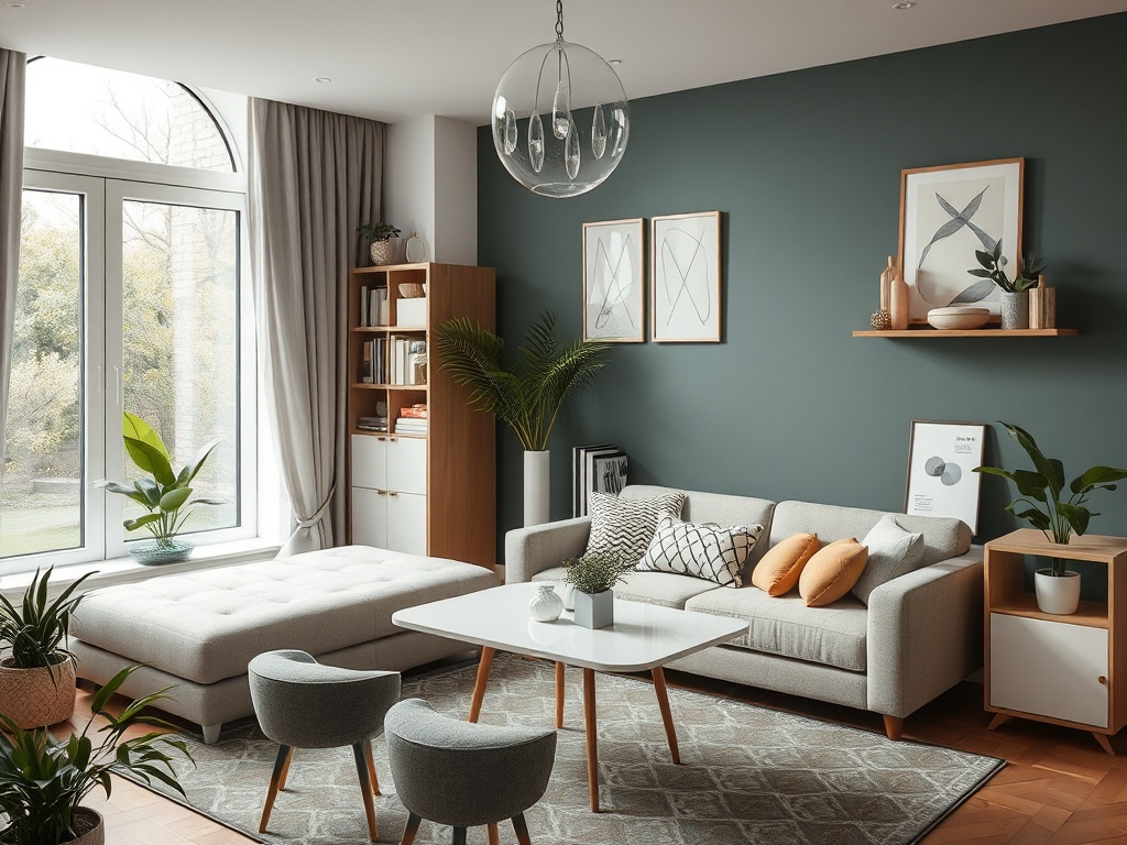 Светлая гостиная с серым диваном, растениями и современным декором на тёмно-зеленой стене.